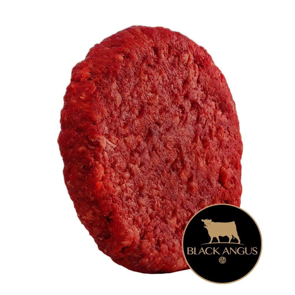Hamburguesa Black Angus cruda sobre fondo blanco.